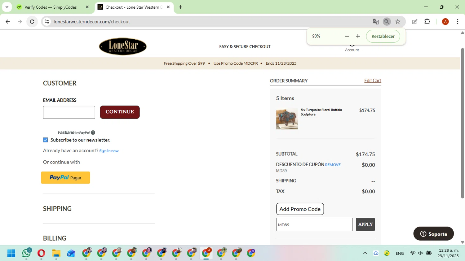 Lone Star Western Decor promo code screenshot showing code MD89 applied at Lone Star Western Decor checkout page. Uploaded by SimplyCodes community member FundoKadmiel on Nov 23, 2025