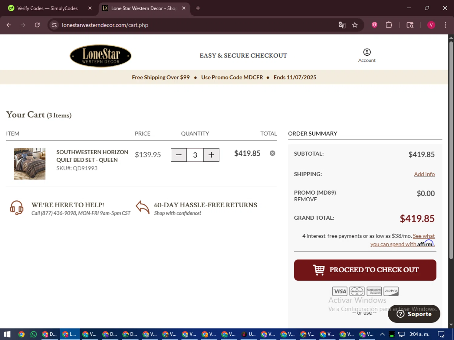 Lone Star Western Decor promo code screenshot showing code MD89 applied at Lone Star Western Decor checkout page. Uploaded by SimplyCodes community member ShieldEagle6102 on Nov 7, 2025