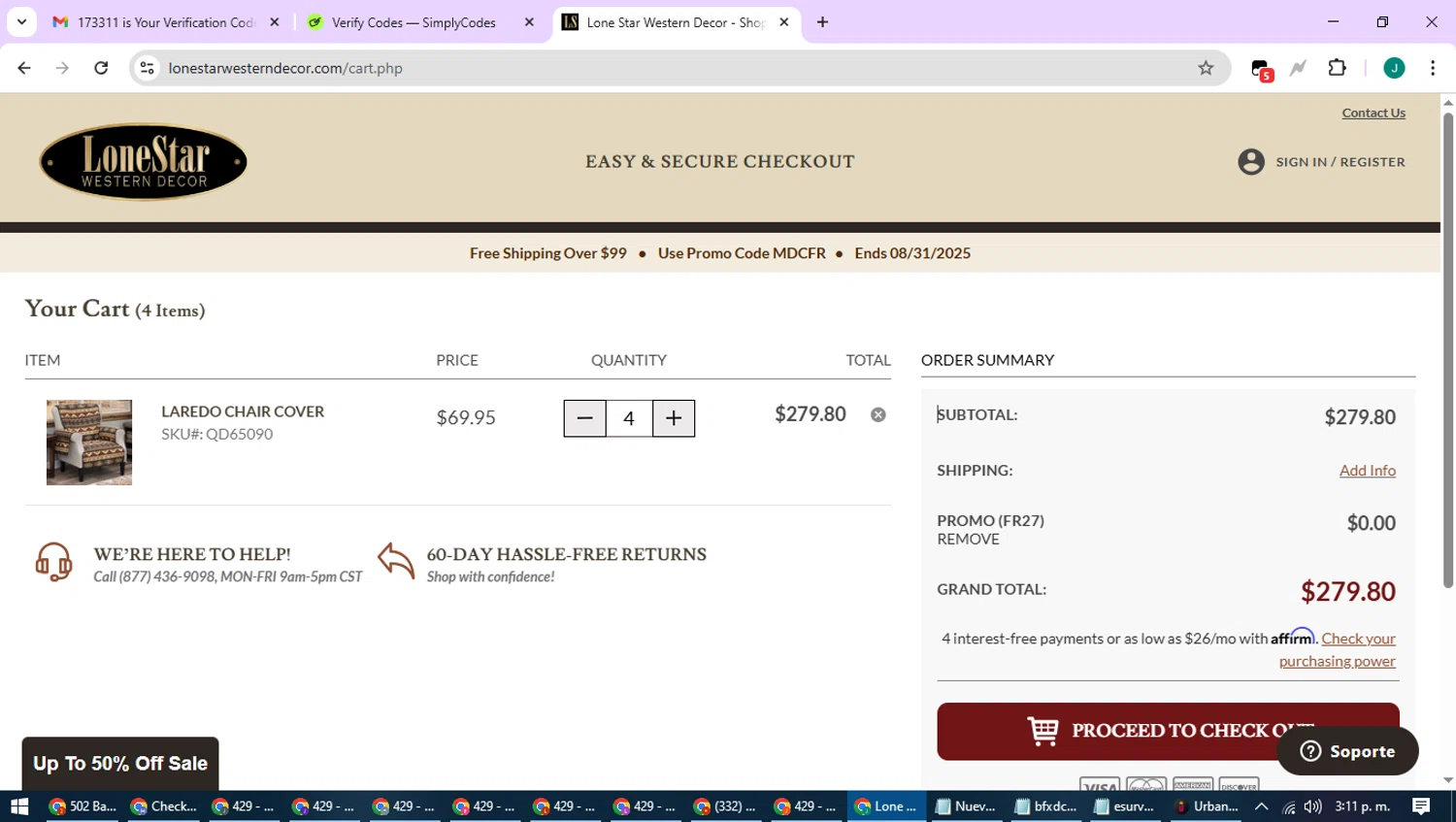 Lone Star Western Decor promo code screenshot showing code FR27 applied at Lone Star Western Decor checkout page. Uploaded by SimplyCodes community member SavvyCurator1770 on Aug 30, 2025