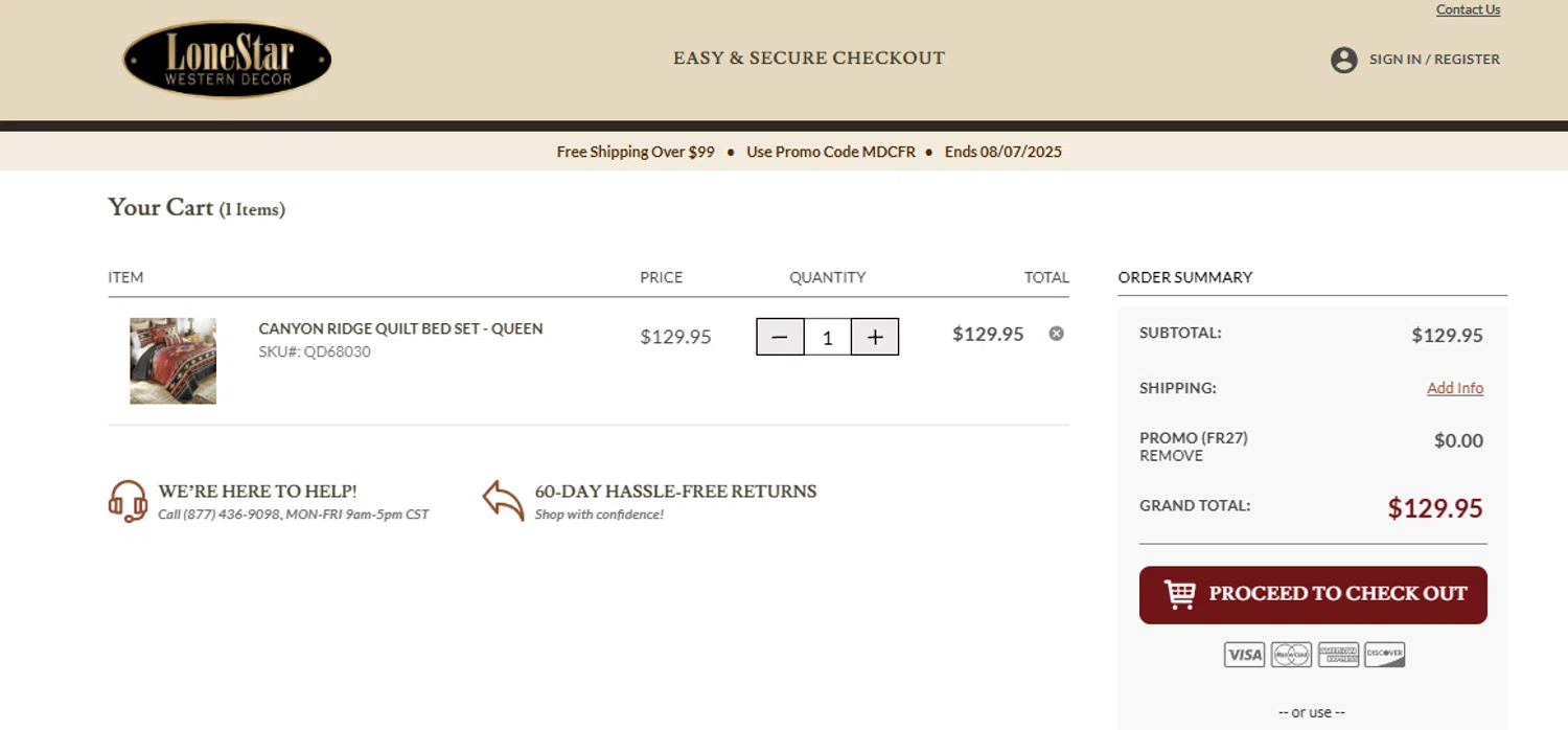 Lone Star Western Decor promo code screenshot showing code FR27 applied at Lone Star Western Decor checkout page. Uploaded by SimplyCodes community member Woskal on Aug 6, 2025