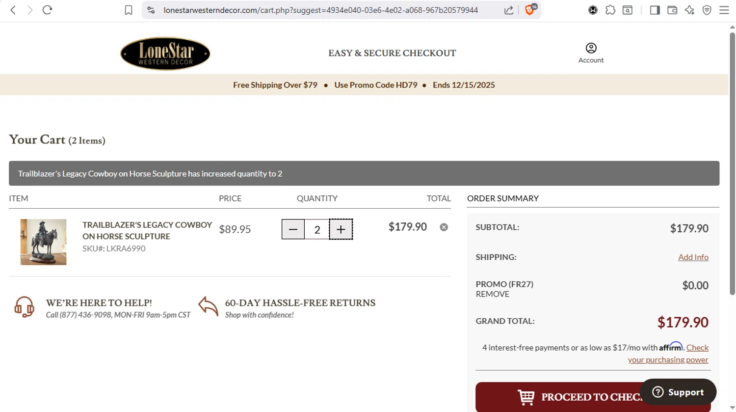 Lone Star Western Decor promo code screenshot showing code FR27 applied at Lone Star Western Decor checkout page. Uploaded by SimplyCodes community member dayselis15 on Dec 15, 2025