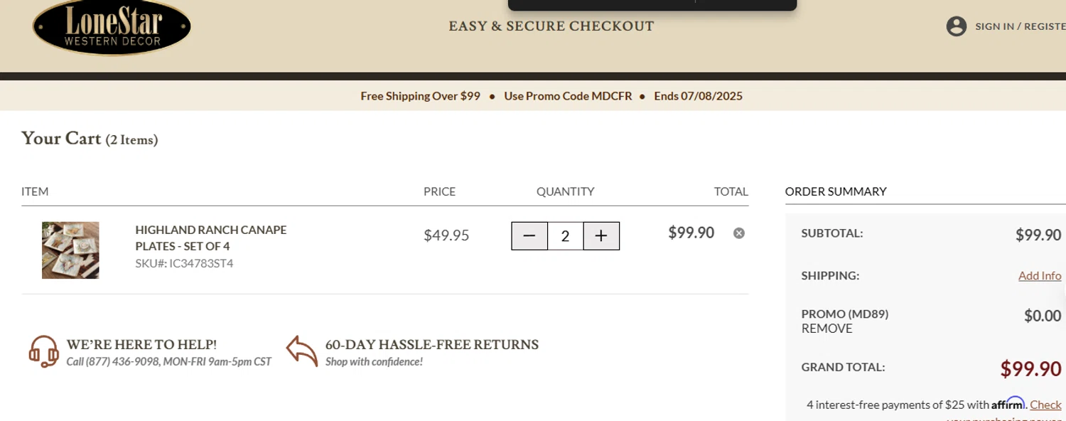 Lone Star Western Decor promo code screenshot showing code MD89 applied at Lone Star Western Decor checkout page. Uploaded by SimplyCodes community member ashe1986 on Jul 8, 2025