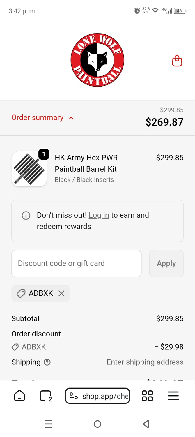 Lone Wolf Paintball discount code screenshot showing code ADBXK applied at Lone Wolf Paintball checkout page. Uploaded by SimplyCodes community member AnthonyGuapeton94 on Feb 4, 2026
