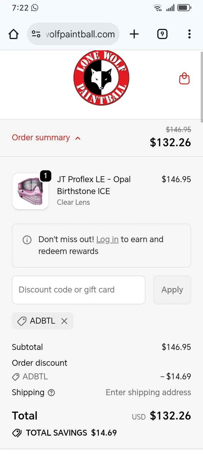 Lone Wolf Paintball discount code screenshot showing code ADBTL applied at Lone Wolf Paintball checkout page. Uploaded by SimplyCodes community member franksanchez on Feb 11, 2026
