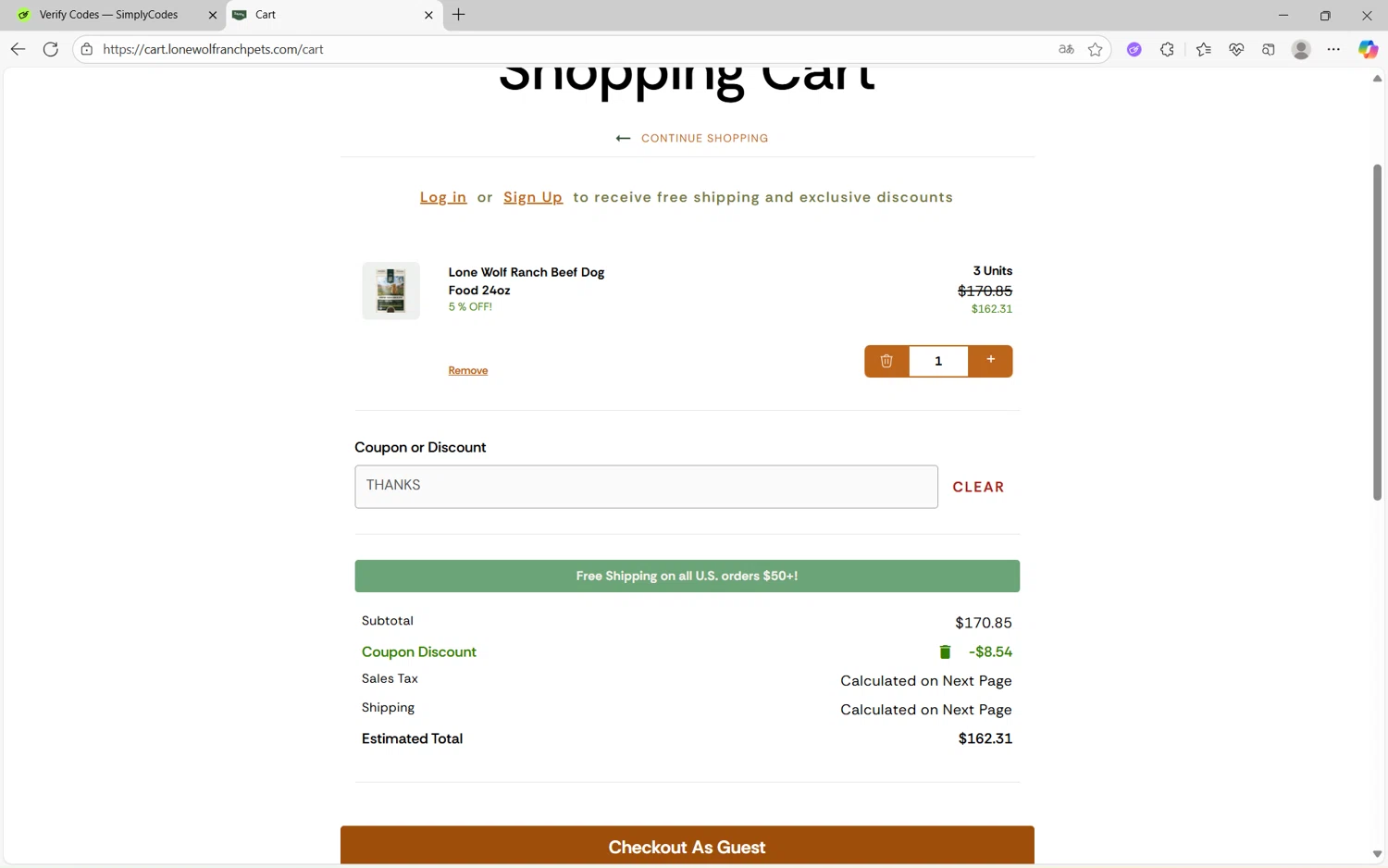 Lone Wolf Ranch coupon code screenshot showing code THANKS applied at Lone Wolf Ranch checkout page. Uploaded by SimplyCodes community member juanx1702 on Sep 16, 2025