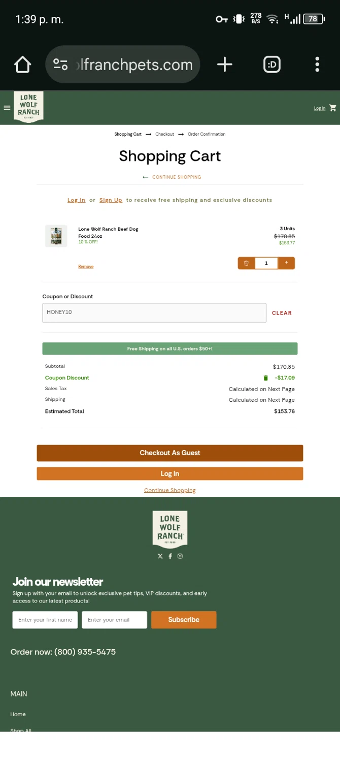 Lone Wolf Ranch coupon code screenshot showing code HONEY10 applied at Lone Wolf Ranch checkout page. Uploaded by SimplyCodes community member Bernado on Oct 21, 2025