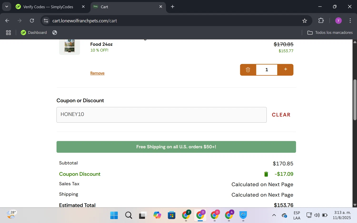 Lone Wolf Ranch coupon code screenshot showing code HONEY10 applied at Lone Wolf Ranch checkout page. Uploaded by SimplyCodes community member FrugalKnight6753 on Aug 11, 2025