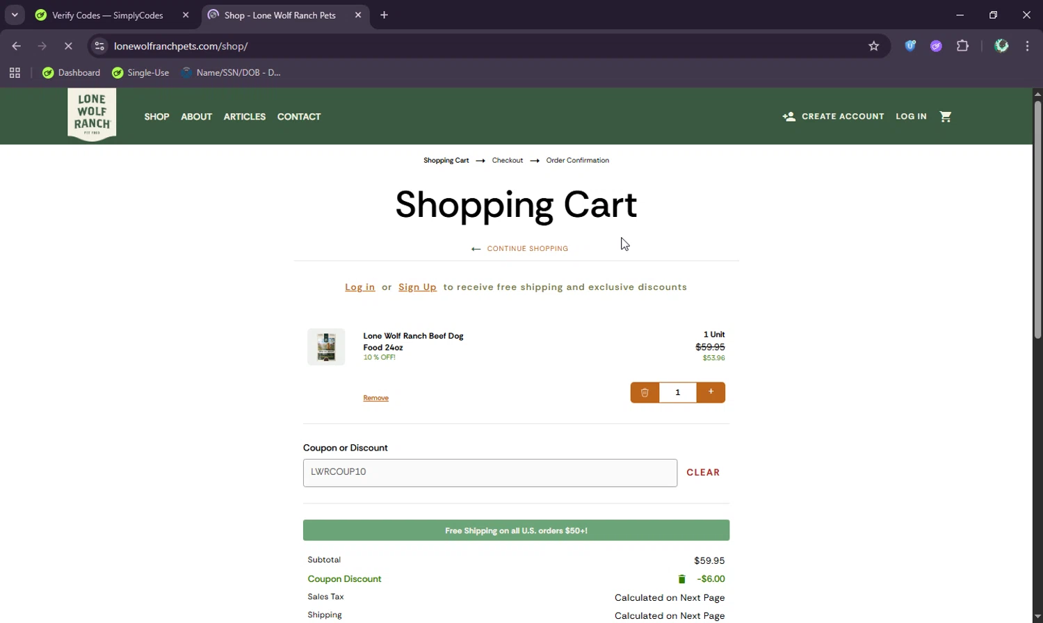 Lone Wolf Ranch coupon code screenshot showing code LWRCOUP10 applied at Lone Wolf Ranch checkout page. Uploaded by SimplyCodes community member BudgetWizard6950 on Oct 1, 2025