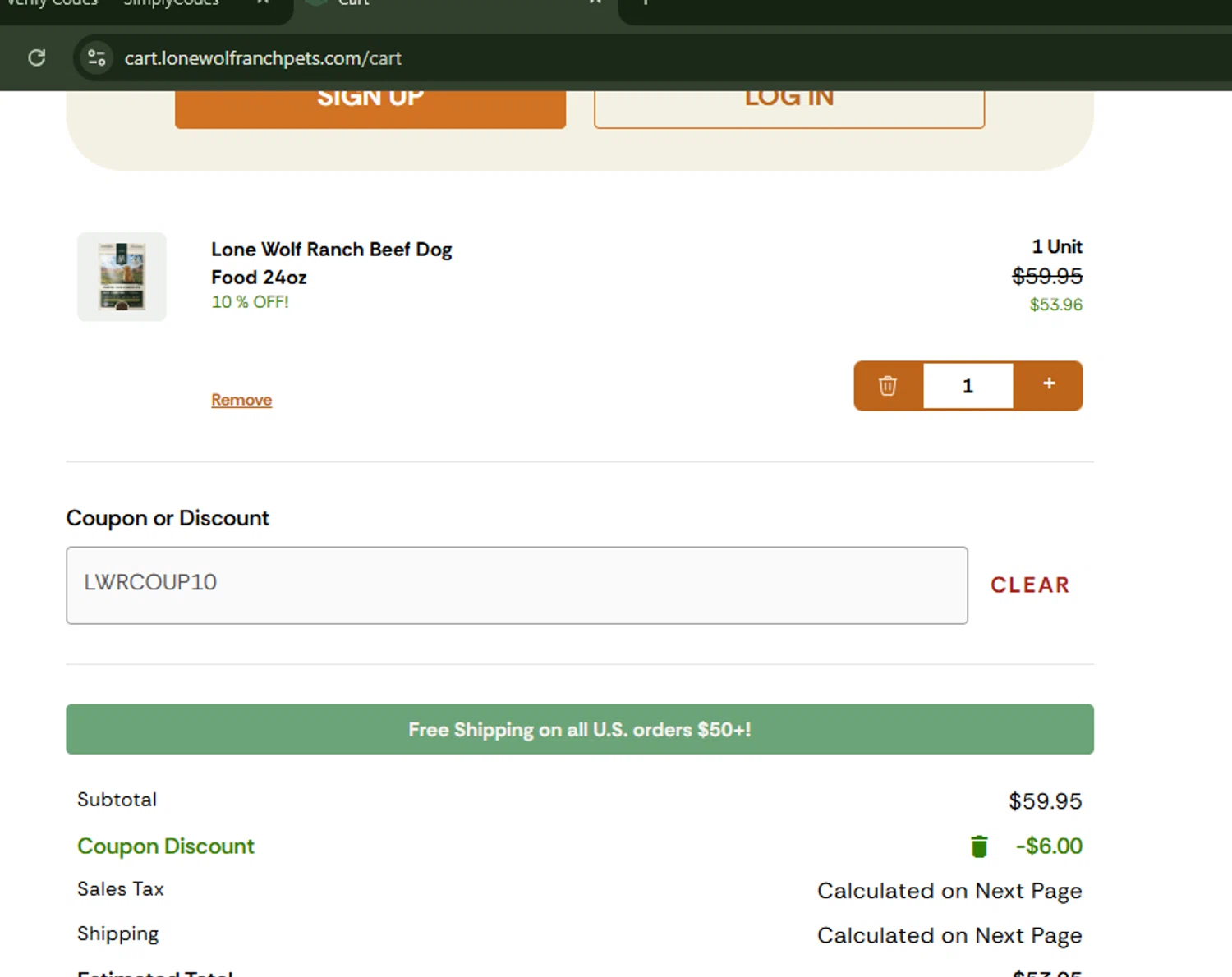 Lone Wolf Ranch coupon code screenshot showing code LWRCOUP10 applied at Lone Wolf Ranch checkout page. Uploaded by SimplyCodes community member ShrewdBoss4152 on Dec 11, 2025