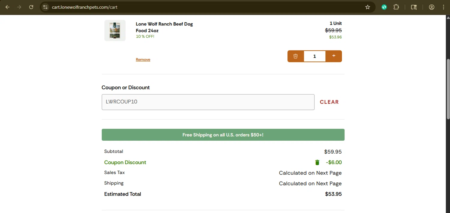 Lone Wolf Ranch coupon code screenshot showing code LWRCOUP10 applied at Lone Wolf Ranch checkout page. Uploaded by SimplyCodes community member giselmarstephanny on Oct 30, 2025