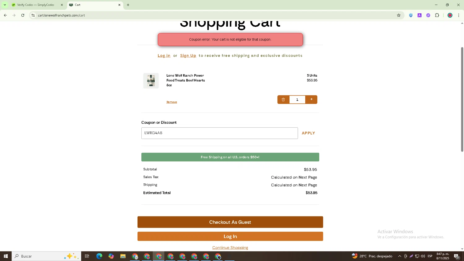 Lone Wolf Ranch coupon code screenshot showing code LWRG4A8 applied at Lone Wolf Ranch checkout page. Uploaded by SimplyCodes community member Michael_Brown on Nov 9, 2025