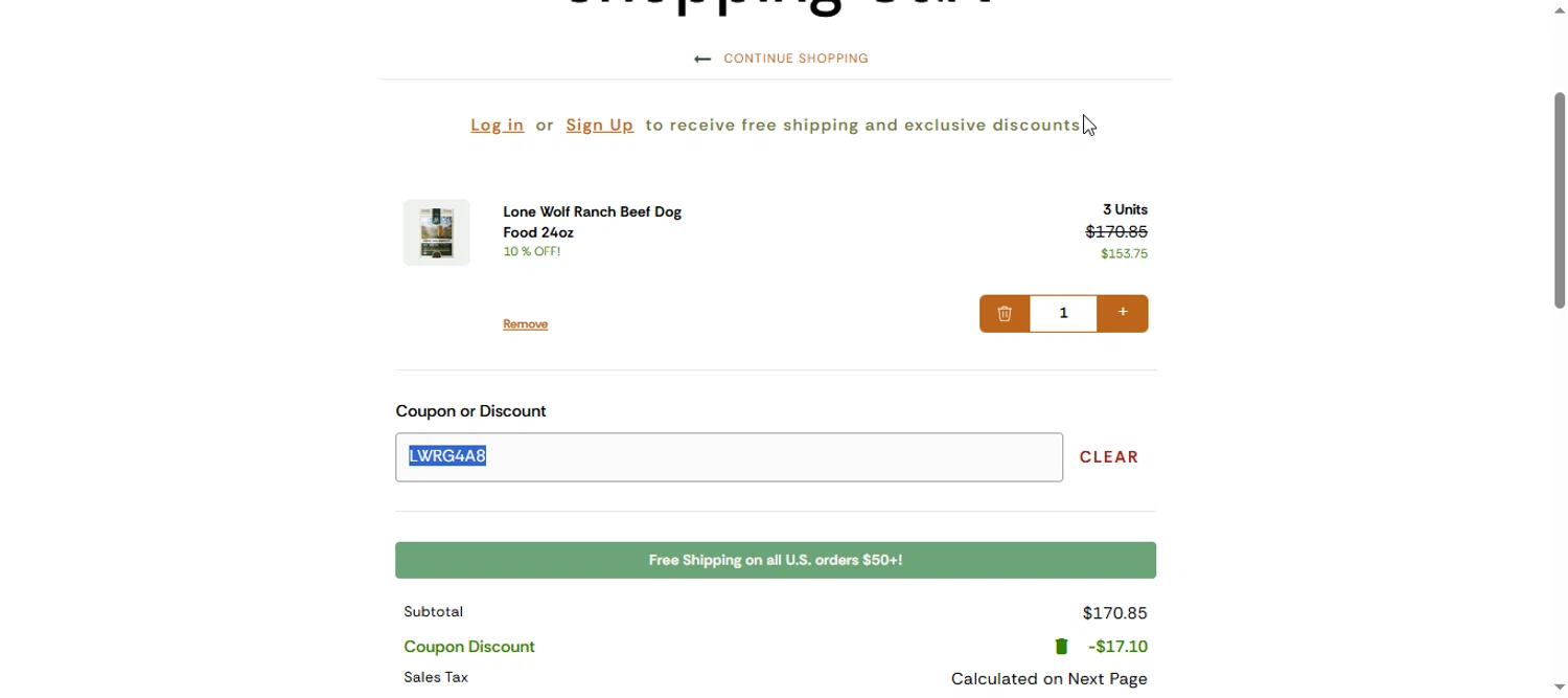 Lone Wolf Ranch coupon code screenshot showing code LWRG4A8 applied at Lone Wolf Ranch checkout page. Uploaded by SimplyCodes community member armalissolorzano1 on Nov 8, 2025