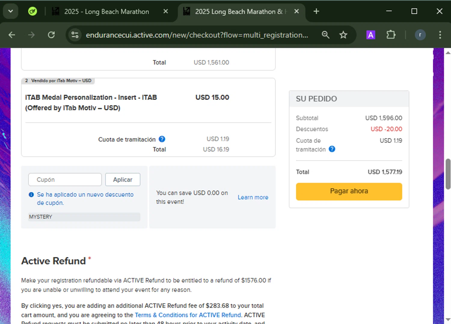 Long Beach Marathon checkout page showing Long Beach Marathon coupon code box | Screenshot taken by SimplyCodes community member on Mar 17, 2025