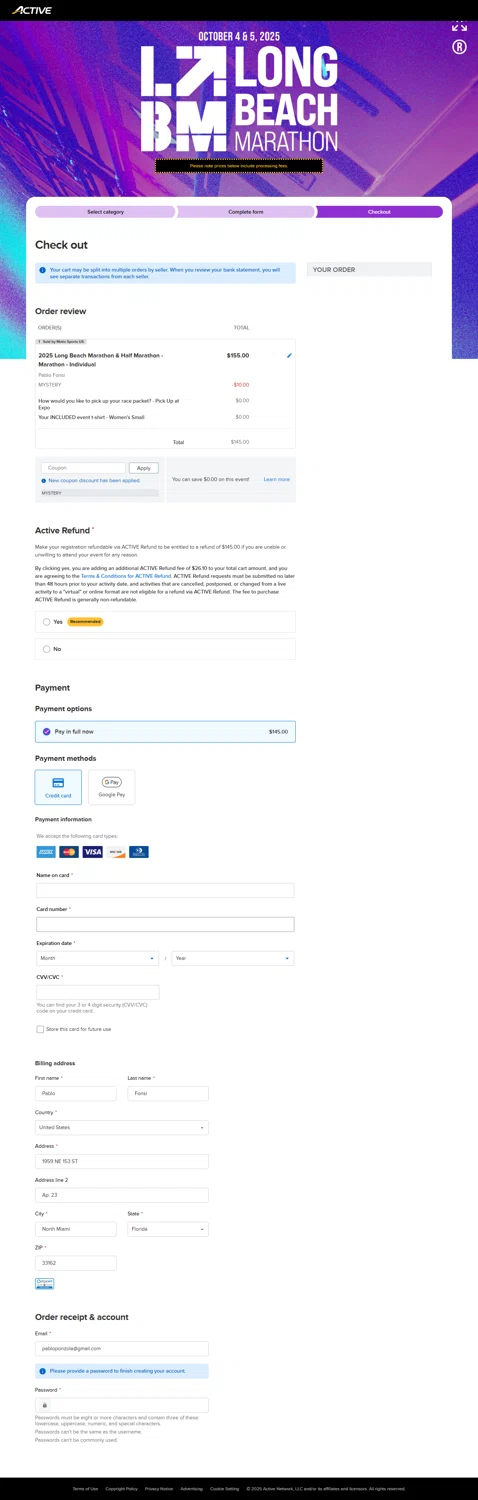 Long Beach Marathon coupon code screenshot showing code MYSTERY applied at Long Beach Marathon checkout page. Uploaded by SimplyCodes community member DiscountEagle6247 on Mar 17, 2025