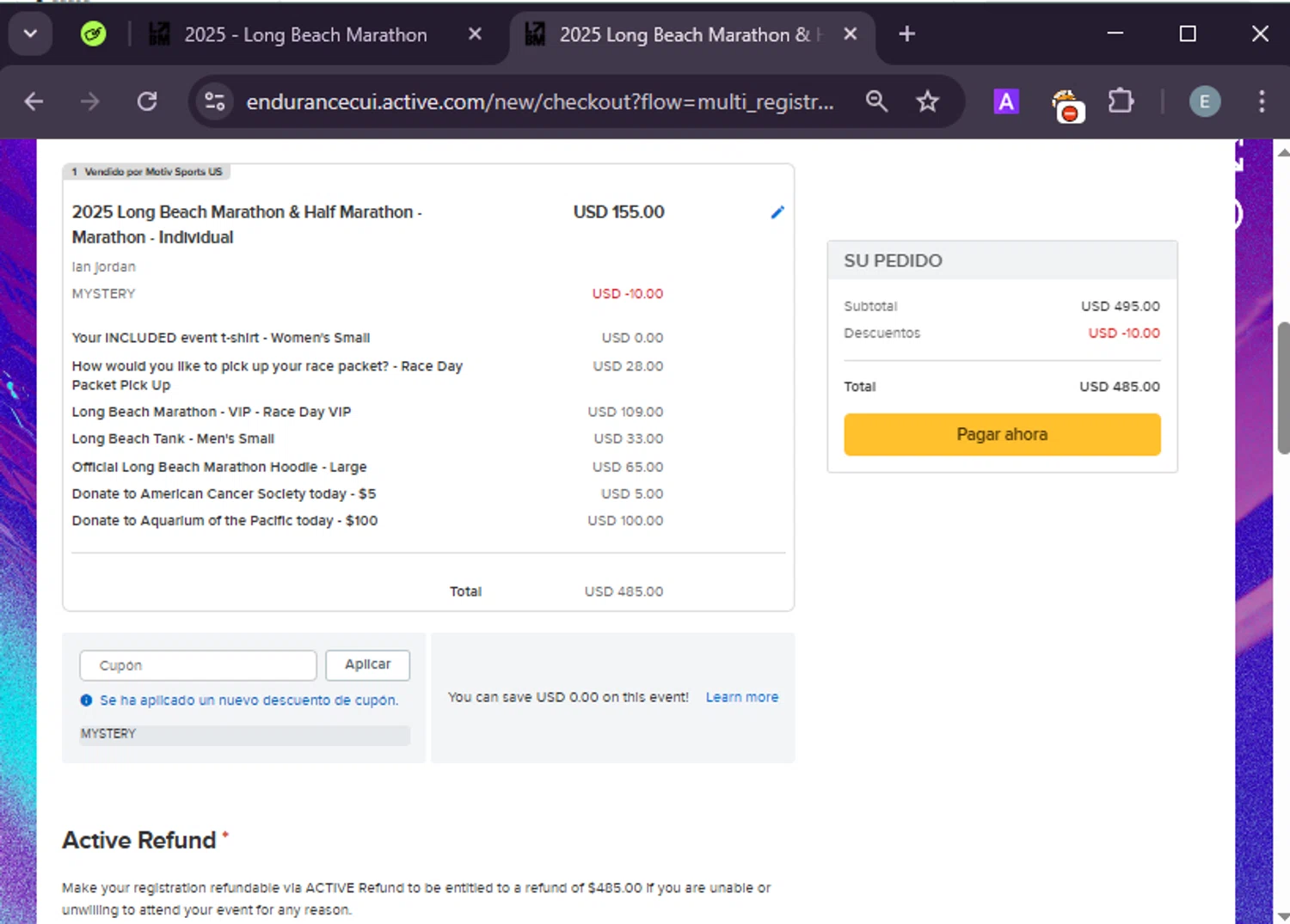 Long Beach Marathon coupon code screenshot showing code MYSTERY applied at Long Beach Marathon checkout page. Uploaded by SimplyCodes community member LuckyExpert7689 on Mar 17, 2025