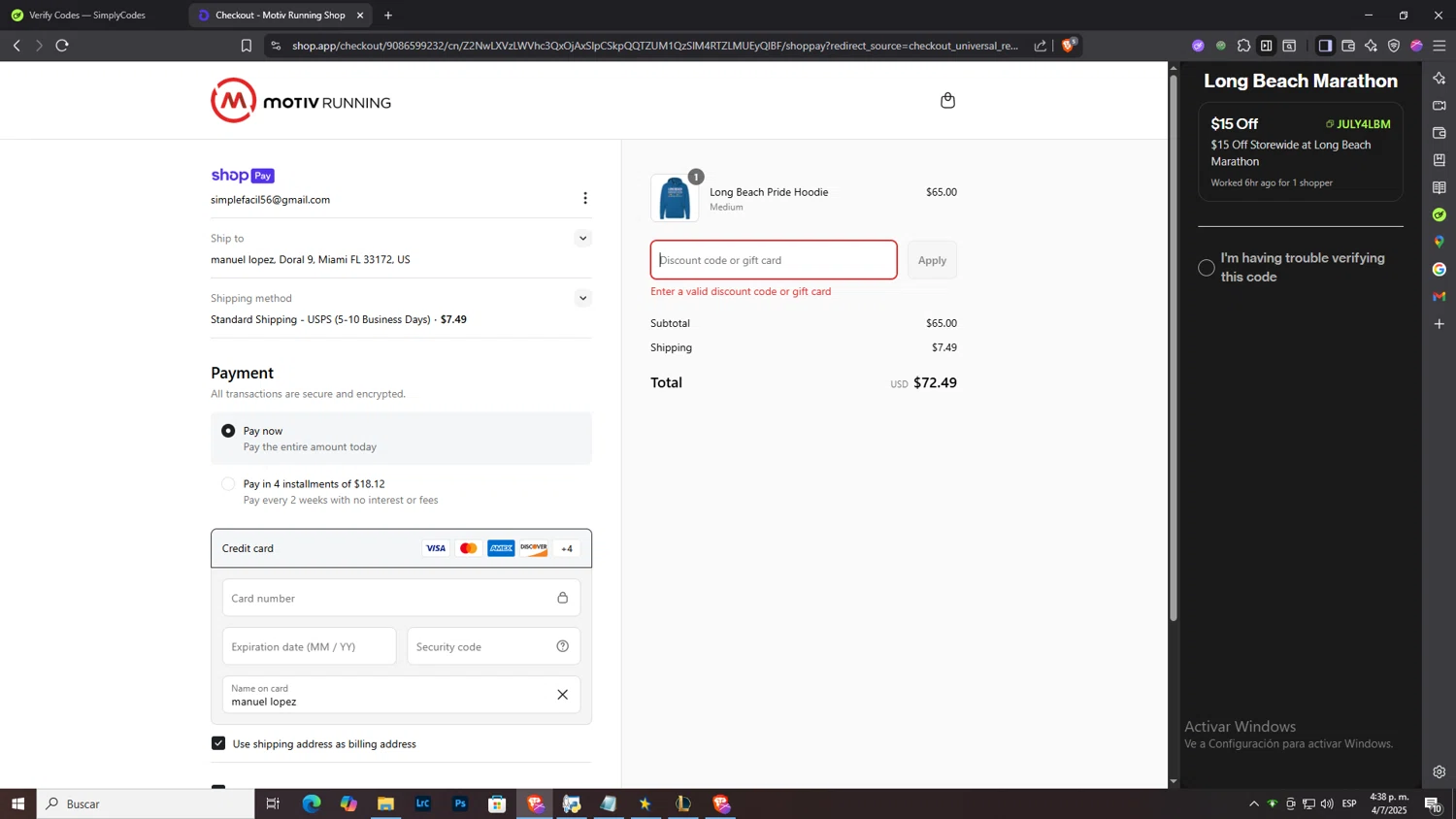 Long Beach Marathon coupon code screenshot showing code JULY4LBM applied at Long Beach Marathon checkout page. Uploaded by SimplyCodes community member NobleLegend6162 on Jul 4, 2025