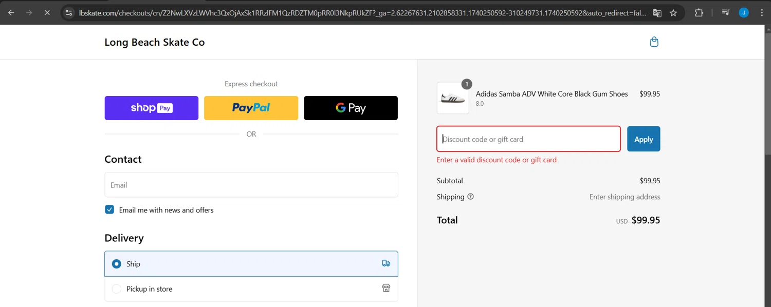 Long Beach Skate promo code screenshot showing code DADS applied at Long Beach Skate checkout page. Uploaded by SimplyCodes community member Jeanjc on Feb 22, 2025