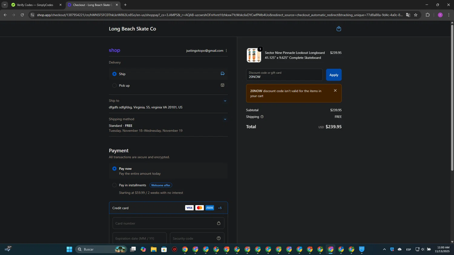 Long Beach Skate promo code screenshot showing code 20NOW applied at Long Beach Skate checkout page. Uploaded by SimplyCodes community member EpicScout8515 on Nov 13, 2025