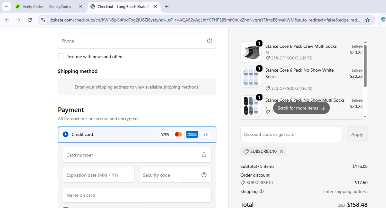 Long Beach Skate promo code screenshot showing code SUBSCRIBE10 applied at Long Beach Skate checkout page. Uploaded by SimplyCodes community member VoucherGuardian4807 on Nov 28, 2025