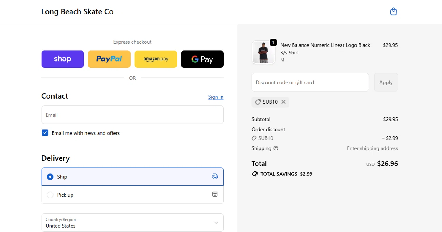Long Beach Skate promo code screenshot showing code SUB10 applied at Long Beach Skate checkout page. Uploaded by SimplyCodes community member Princesasofia on Nov 8, 2025