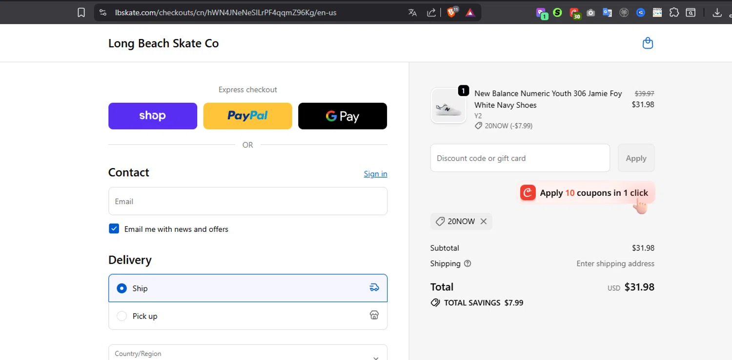 Long Beach Skate promo code screenshot showing code 20NOW applied at Long Beach Skate checkout page. Uploaded by SimplyCodes community member Serdanvz on Oct 19, 2025
