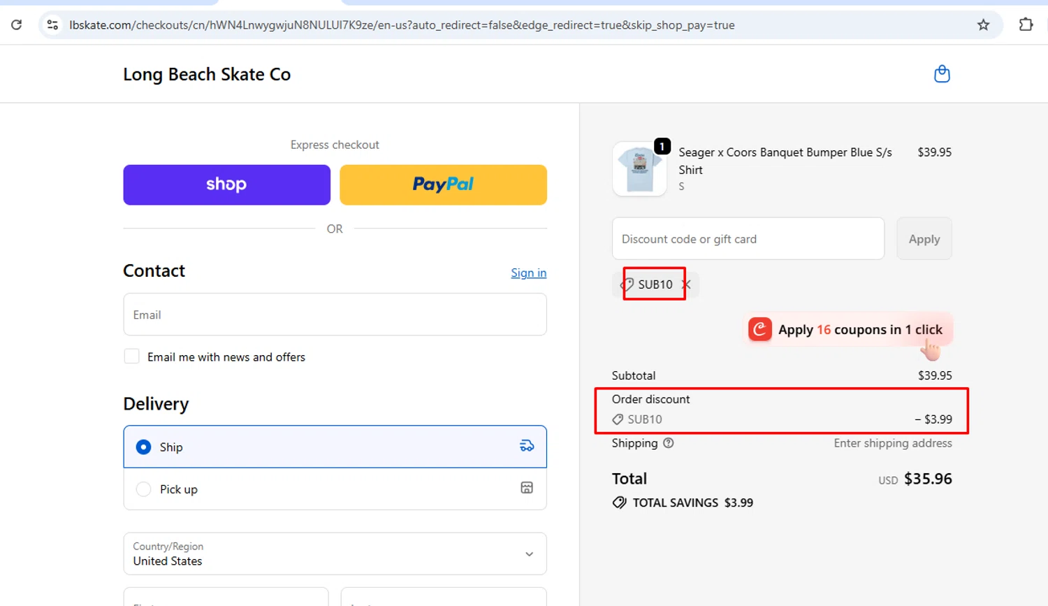 Long Beach Skate promo code screenshot showing code SUB10 applied at Long Beach Skate checkout page. Uploaded by SimplyCodes community member nileskamarcano on Oct 20, 2025