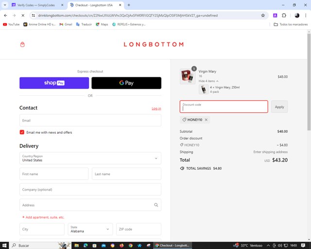 Longbottom & Co checkout page showing Longbottom & Co promo code box | Screenshot taken by SimplyCodes community member on Mar 16, 2024