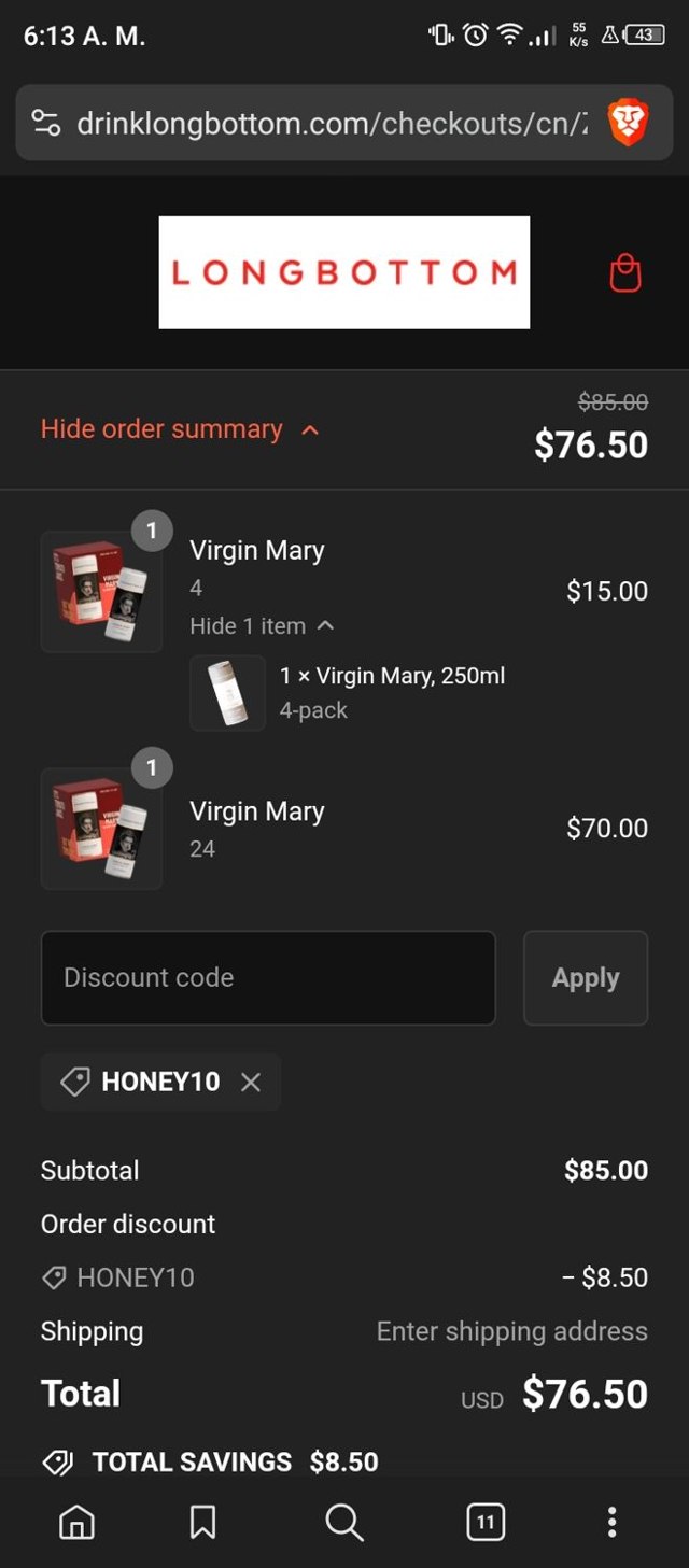 Longbottom & Co checkout page showing Longbottom & Co promo code box | Screenshot taken by SimplyCodes community member on Jun 11, 2024
