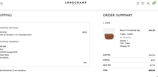 Longchamp checkout page showing Longchamp discount code box | Screenshot taken by SimplyCodes community member on Mar 20, 2025