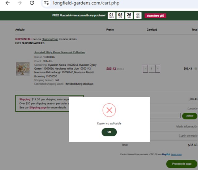 Longfield Gardens checkout page showing Longfield Gardens coupon code box | Screenshot taken by SimplyCodes community member on Sep 7, 2025