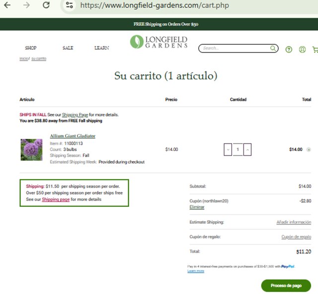 Longfield Gardens checkout page showing Longfield Gardens coupon code box | Screenshot taken by SimplyCodes community member on Sep 4, 2025