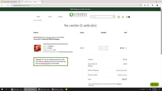 Longfield Gardens checkout page showing Longfield Gardens coupon code box | Screenshot taken by SimplyCodes community member on Jul 21, 2025