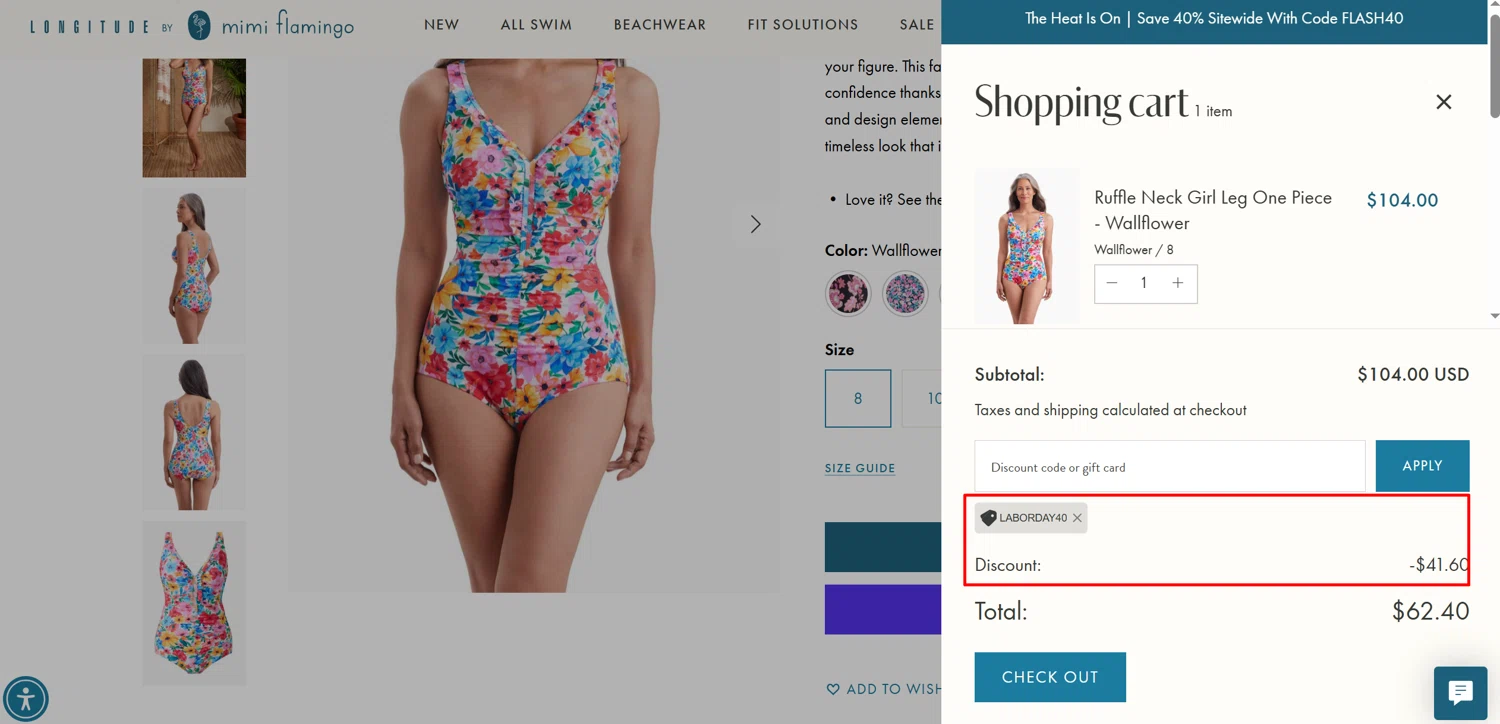 Longitude discount code screenshot showing code laborday40 applied at Longitude checkout page. Uploaded by SimplyCodes community member jamesalbertstevens on Aug 29, 2025