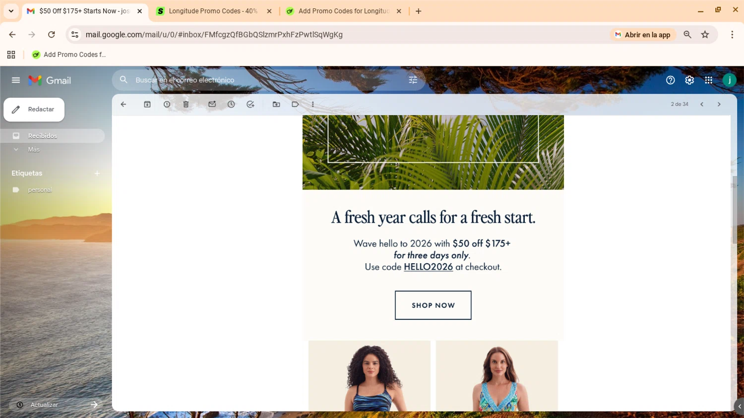 Longitude discount code screenshot showing code hello2026 applied at Longitude checkout page. Uploaded by SimplyCodes community member yennifergonzalez on Jan 3, 2026