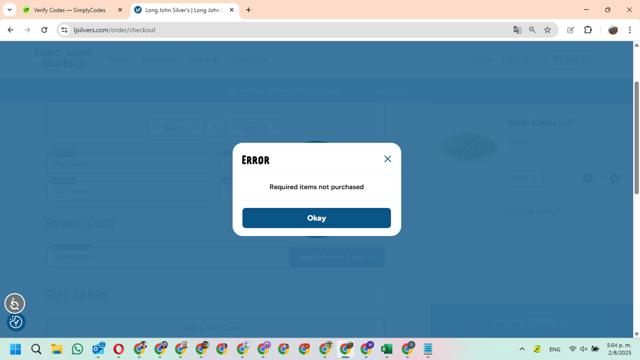 Long John Silver's checkout page showing Long John Silver's promo code box | Screenshot taken by SimplyCodes community member on Aug 2, 2025