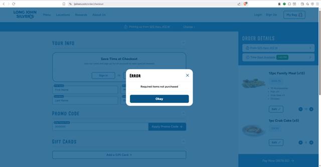 Long John Silver's checkout page showing Long John Silver's promo code box | Screenshot taken by SimplyCodes community member on Aug 4, 2025