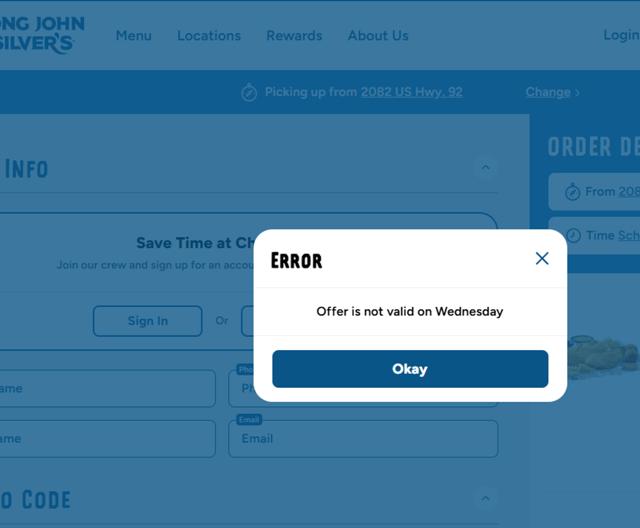 Long John Silver's checkout page showing Long John Silver's promo code box | Screenshot taken by SimplyCodes community member on Sep 3, 2025