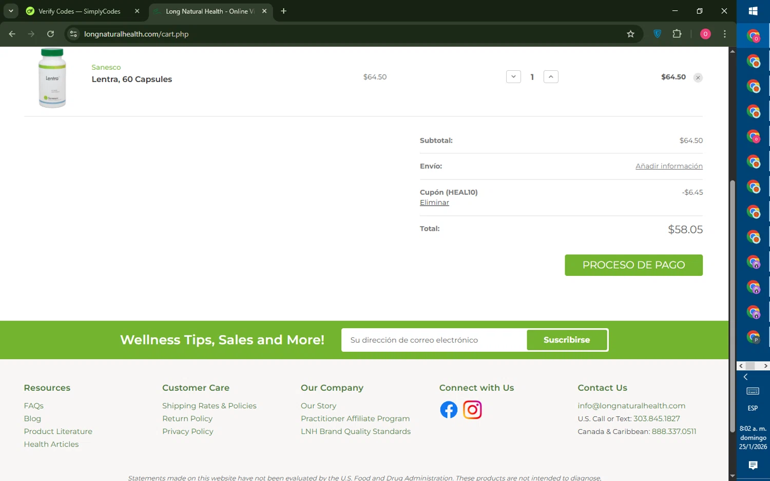 Long Natural Health coupon code screenshot showing code HEAL10 applied at Long Natural Health checkout page. Uploaded by SimplyCodes community member LegendaryRanger6350 on Jan 25, 2026