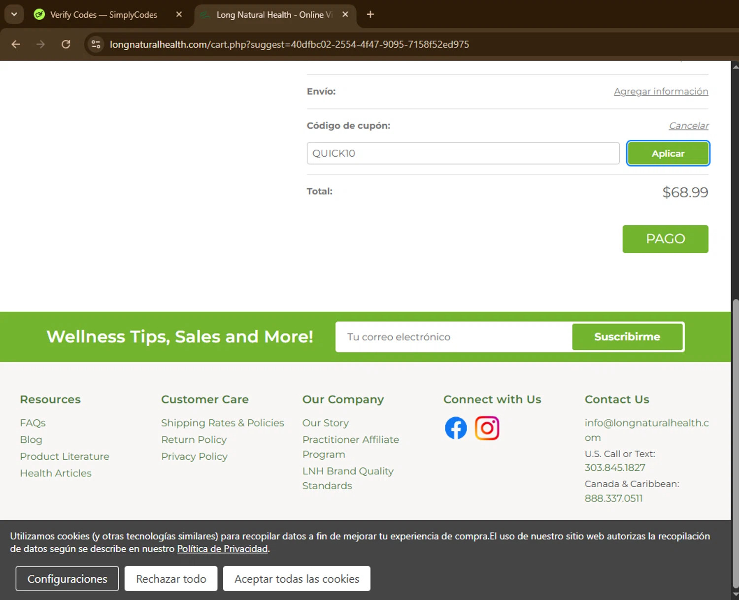 Long Natural Health coupon code screenshot showing code QUICK10 applied at Long Natural Health checkout page. Uploaded by SimplyCodes community member ExtraordinaryGuardian7753 on Oct 31, 2025