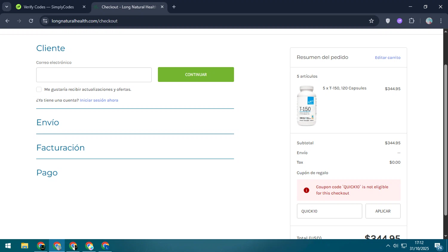Long Natural Health coupon code screenshot showing code QUICK10 applied at Long Natural Health checkout page. Uploaded by SimplyCodes community member LegendaryPro7106 on Oct 31, 2025