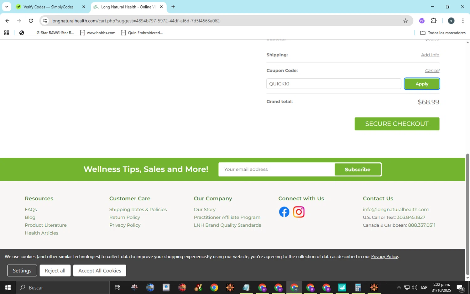 Long Natural Health coupon code screenshot showing code QUICK10 applied at Long Natural Health checkout page. Uploaded by SimplyCodes community member jose05elfrikia847 on Oct 31, 2025