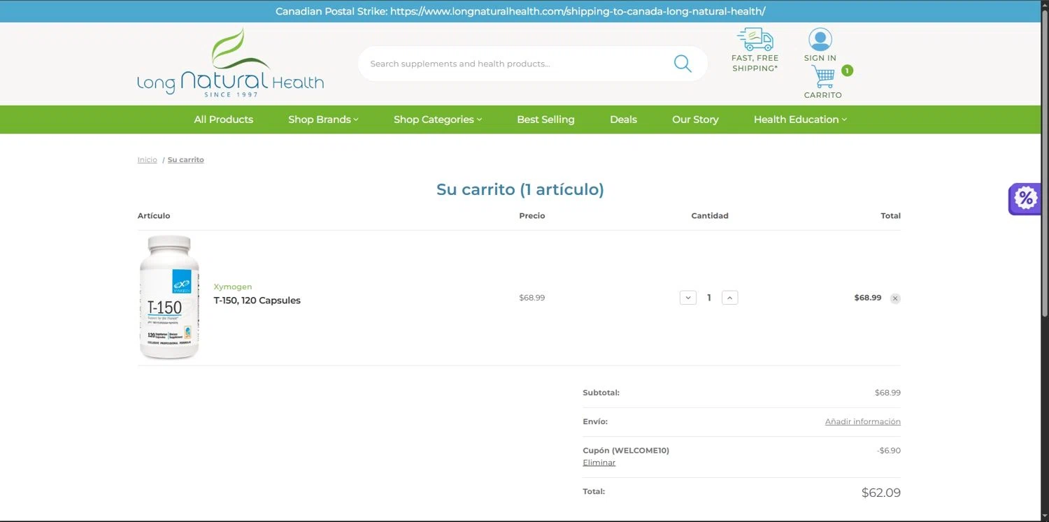 Long Natural Health coupon code screenshot showing code WELCOME10 applied at Long Natural Health checkout page. Uploaded by SimplyCodes community member Depressive on Oct 26, 2025