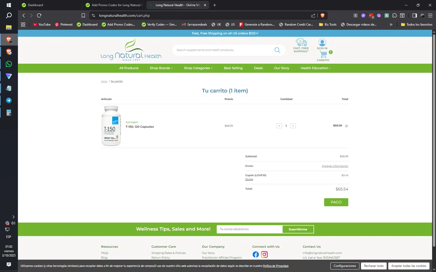Long Natural Health coupon code screenshot showing code LOVE10 applied at Long Natural Health checkout page. Uploaded by SimplyCodes community member ilarrazaM1 on Oct 3, 2025