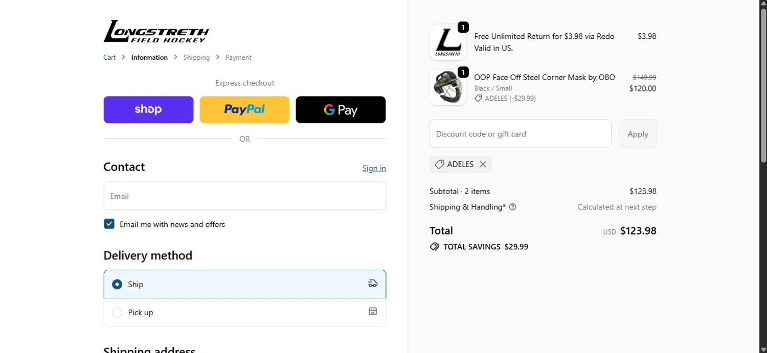Longstreth.com coupon code screenshot showing code ADELES applied at Longstreth.com checkout page. Uploaded by SimplyCodes community member ______________ on Nov 7, 2025