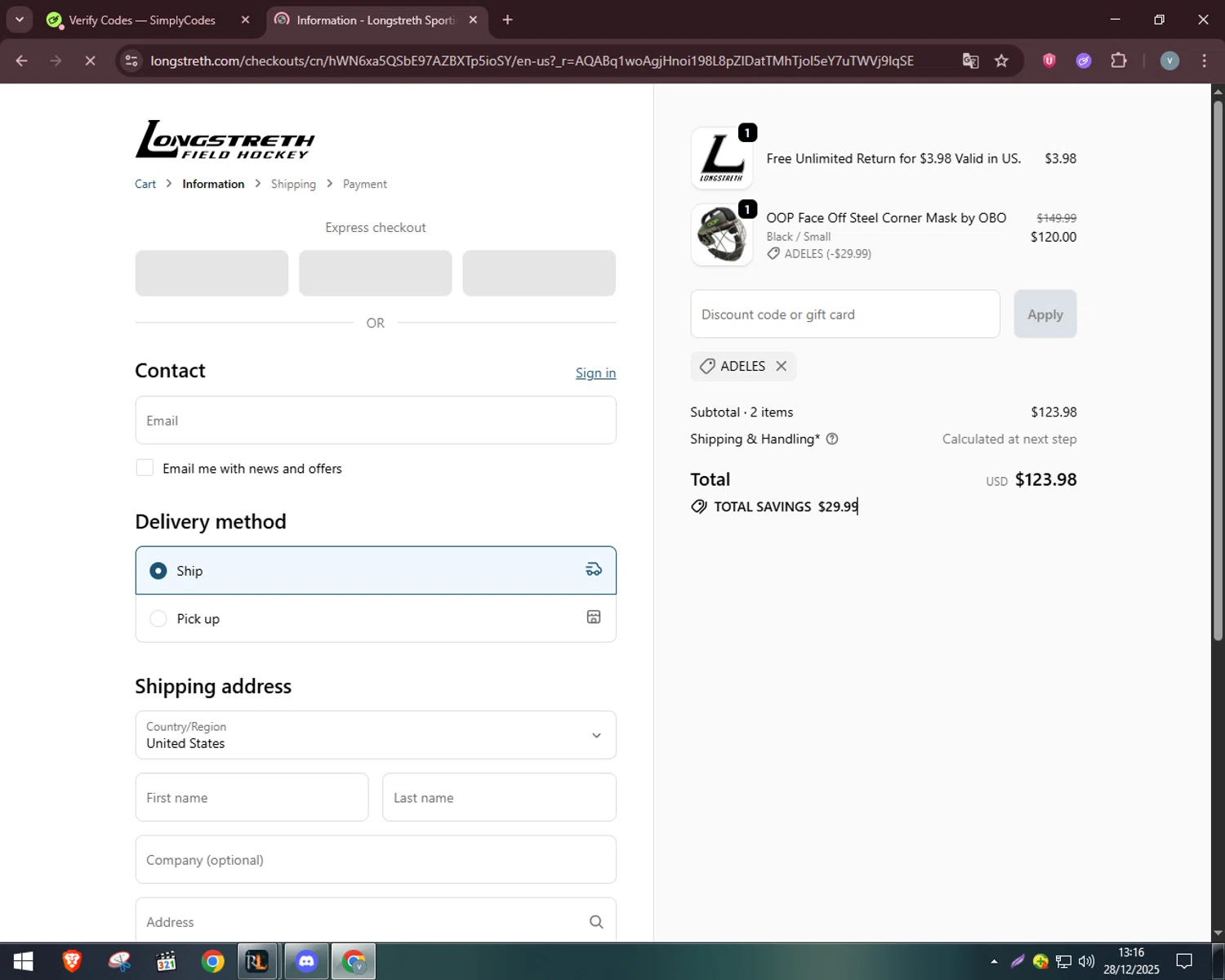 Longstreth.com coupon code screenshot showing code ADELES applied at Longstreth.com checkout page. Uploaded by SimplyCodes community member charmander589 on Dec 28, 2025