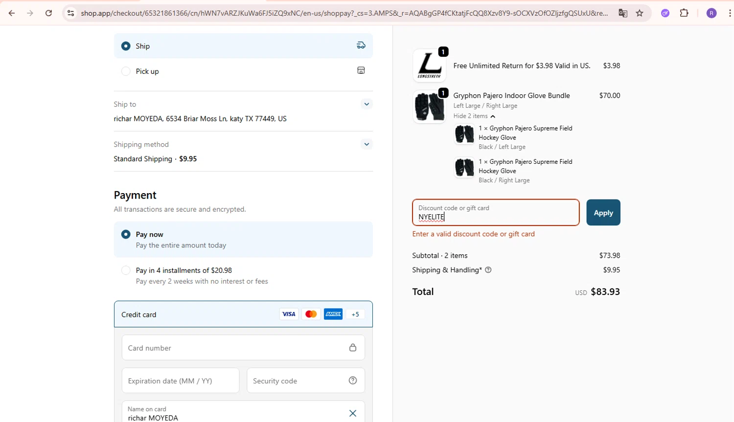 Longstreth.com coupon code screenshot showing code NYELlTE applied at Longstreth.com checkout page. Uploaded by SimplyCodes community member PennyMaverick730 on Jan 23, 2026