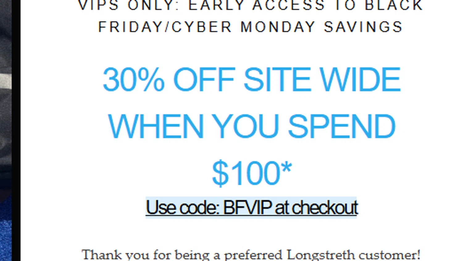 Longstreth.com coupon code screenshot showing code bfvip applied at Longstreth.com checkout page. Uploaded by SimplyCodes community member Biden0442069257555 on Nov 25, 2025