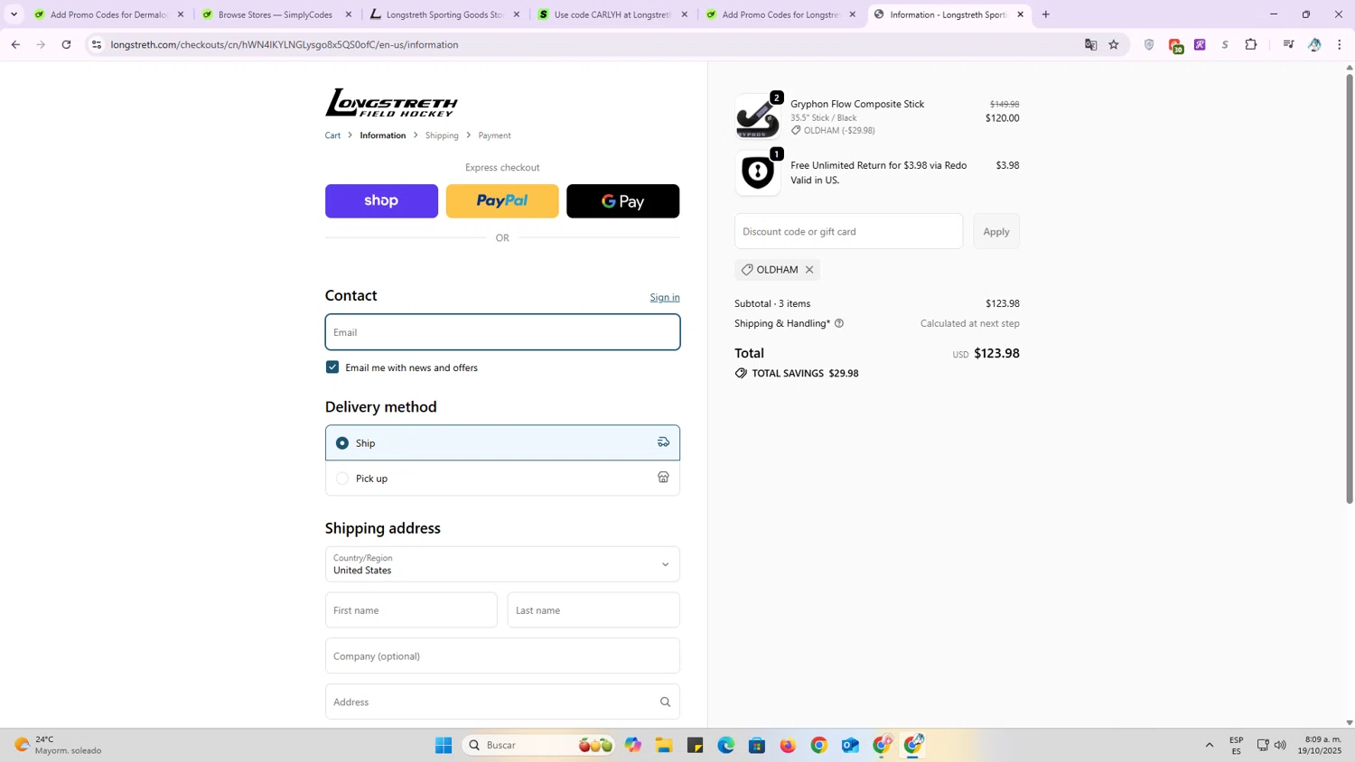 Longstreth.com coupon code screenshot showing code OLDHAM applied at Longstreth.com checkout page. Uploaded by SimplyCodes community member OriCarol on Oct 19, 2025