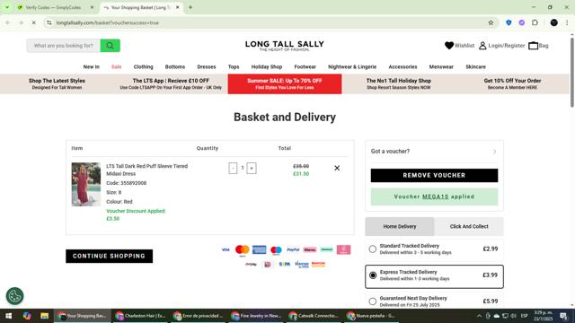 Long Tall Sally checkout page showing Long Tall Sally coupon code box | Screenshot taken by SimplyCodes community member on Jul 23, 2025