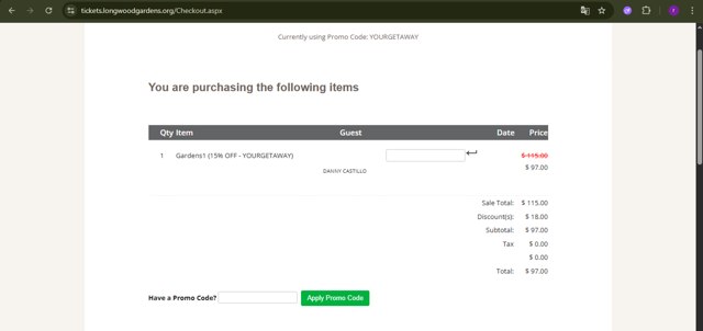 Longwood Gardens checkout page showing Longwood Gardens promo code box | Screenshot taken by SimplyCodes community member on Aug 21, 2025